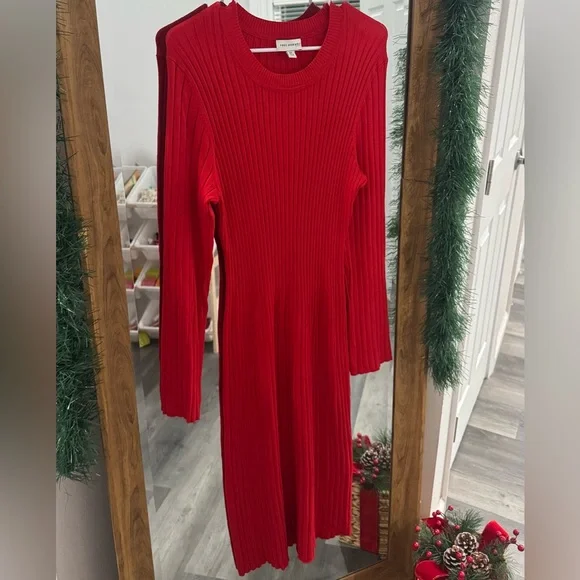 Free Assembly Red Ribbed Long Sleeve Sweater Midi Dress - Picture 2 of 3